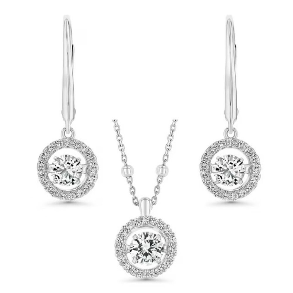 White Sapphire Lab Created 925 Silver Necklace and Earing Set Dancing Stone New